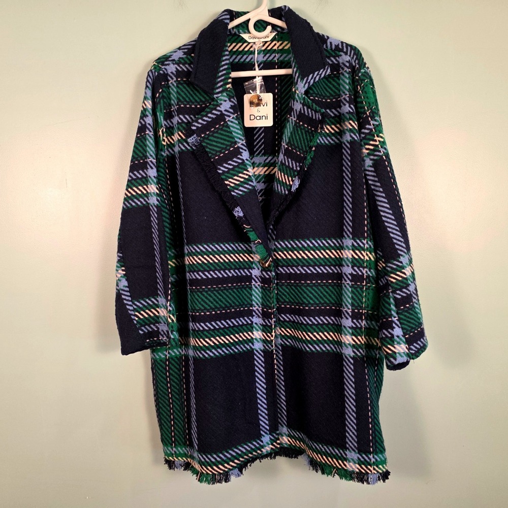 Davi & Dani Patricia Plaid Jacket Green Navy Blue Fringe Shacket DJ20388 Medium
